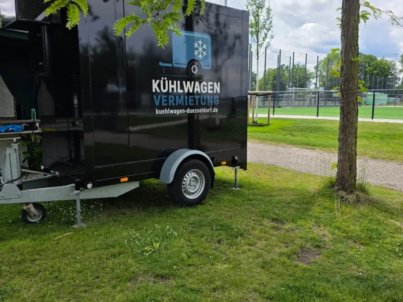 Schwarzer Kühlwagen einsatzbereit auf Position auf grünem Rasen